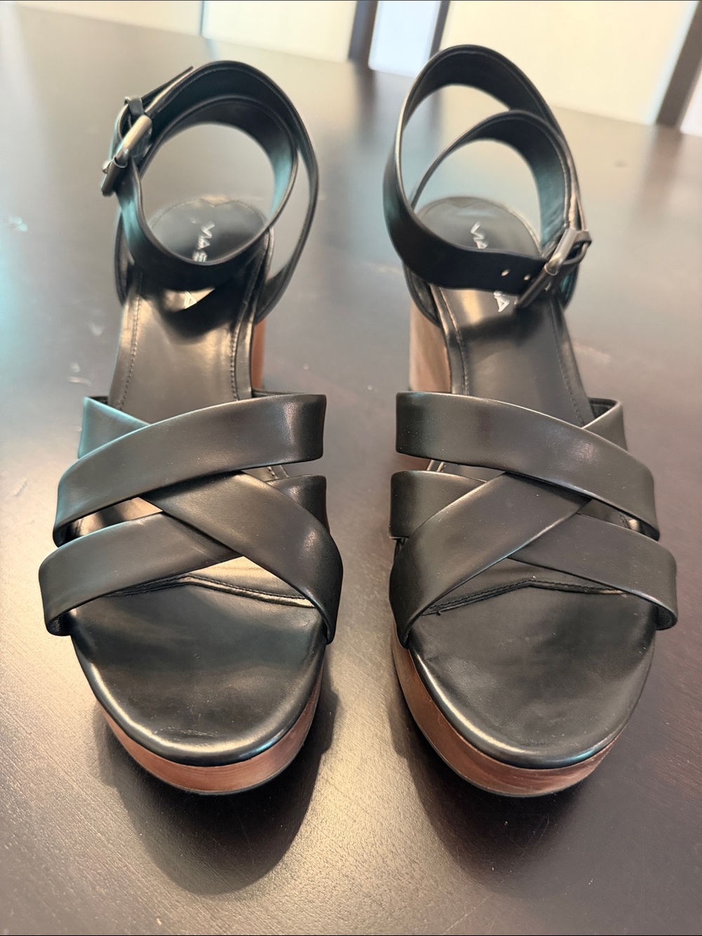 Via Spiga Black Crisscross Leather Platform Sandals